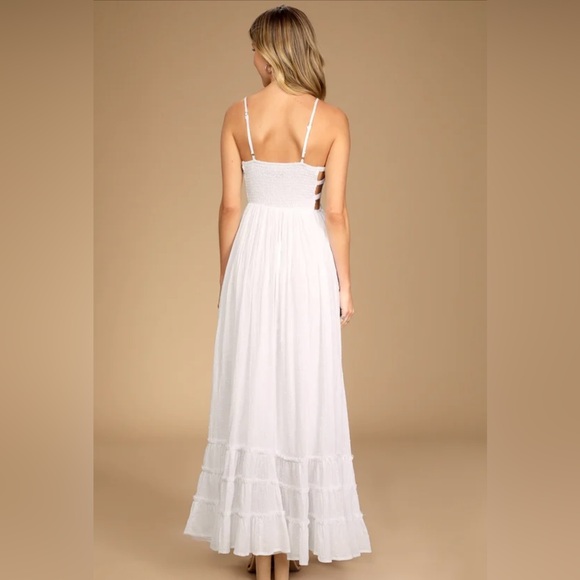 Lulus Serene Sunshine White Swiss Dot Smocked Cutout Tiered Maxi Dress - Picture 2 of 5